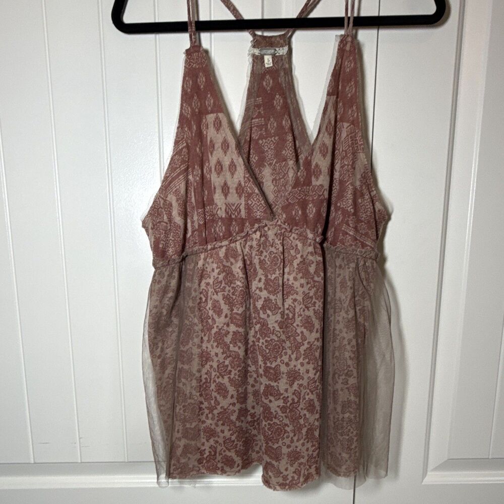 Gimmicks by BKE Women's L Pink Beige Paisley Mesh Beaded V-Neck Strappy Mini